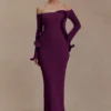 Vestido largo de punto con hombros descubiertos Sandrine – Ciruela Vestido largo de punto con hombros descubiertos Sandrine – Ciruela