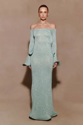 Vestido largo de punto con lurex Sandrine – Azul turquesa