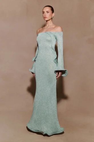 Vestido largo de punto con lurex Sandrine – Azul turquesa