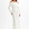 Vestido largo de punto con rosas y hombros descubiertos Kiki – Marfil