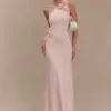 Vestido largo de punto con un solo hombro y estampado floral «Paloma» – Rosa bebé