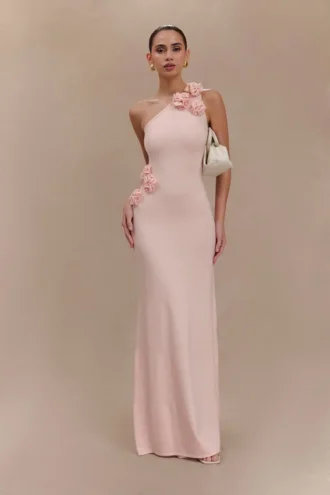 Vestido largo de punto con un solo hombro y estampado floral «Paloma» – Rosa bebé