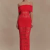 Vestido largo de punto de ganchillo con hombros descubiertos Solstice – Naranja sanguina