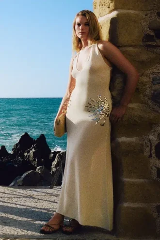 Vestido largo de punto Ellington con lentejuelas – Marfil
