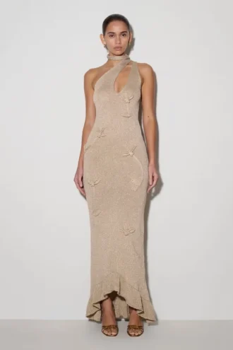 Vestido largo de punto metalizado con estampado floral Celestino – Dorado