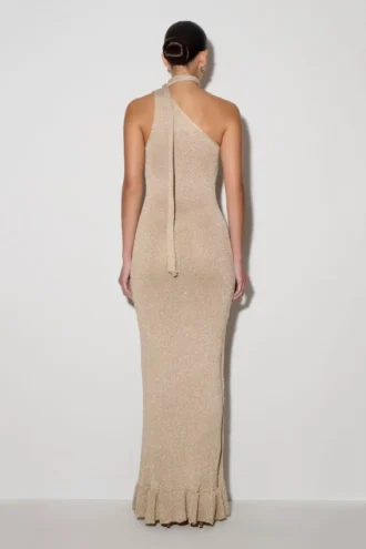 Vestido largo de punto metalizado con estampado floral Celestino – Dorado