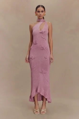 Vestido largo de punto metalizado con estampado floral Celestino – Rosa