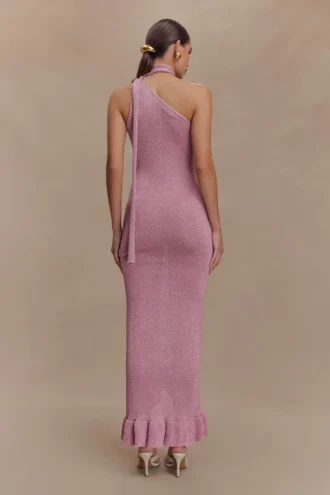 Vestido largo de punto metalizado con estampado floral Celestino – Rosa