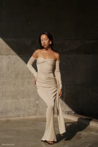 Vestido largo de punto metalizado Ingrid – Bronce