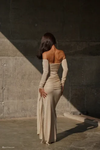 Vestido largo de punto metalizado Ingrid – Bronce