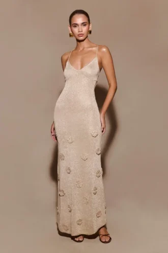 Vestido largo de punto metalizado Suki – Dorado
