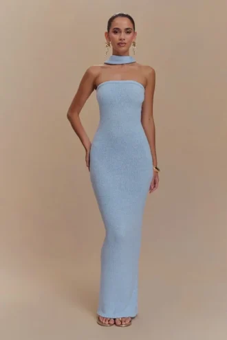 Vestido largo de punto sin tirantes Andrea – Azul claro