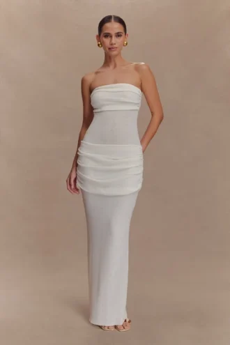 Vestido largo de punto sin tirantes Elora – Marfil