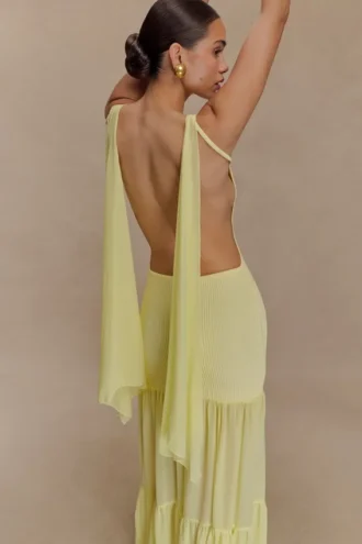 Vestido largo de punto y gasa Haille – Limón