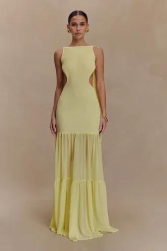 Vestido largo de punto y gasa Haille – Limón