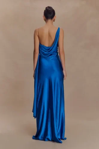 Vestido largo de satén y gasa Carah – Cobalto