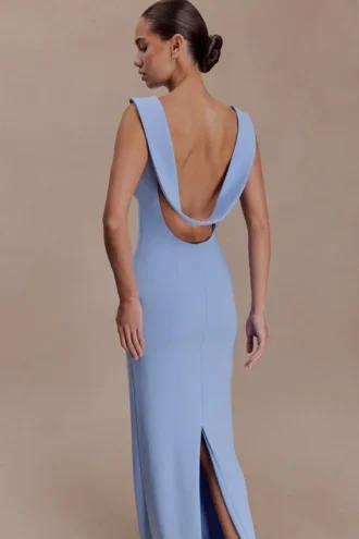 Vestido largo drapeado de crepé Galilea – Azul aciano