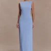 Vestido largo drapeado de crepé Galilea – Azul aciano Vestido largo drapeado de crepé Galilea – Azul aciano