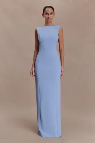 Vestido largo drapeado de crepé Galilea – Azul aciano