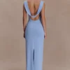 Vestido largo drapeado de crepé Galilea – Azul aciano Vestido largo drapeado de crepé Galilea – Azul aciano