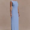 Vestido largo drapeado de crepé Galilea – Azul aciano Vestido largo drapeado de crepé Galilea – Azul aciano