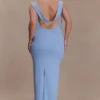Vestido largo drapeado de crepé Galilea – Azul aciano Vestido largo drapeado de crepé Galilea – Azul aciano