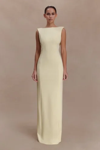 Vestido largo drapeado de crepé Galilea – Limón Vestido largo drapeado de crepé Galilea – Limón