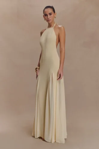 Vestido largo halter de punto y malla Soleil – Crema