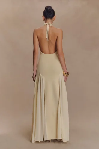 Vestido largo halter de punto y malla Soleil – Crema