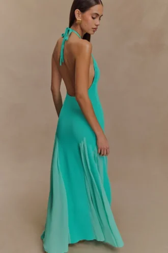 Vestido largo halter de punto y malla Soleil – Laguna