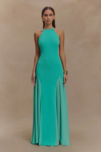 Vestido largo halter de punto y malla Soleil – Laguna