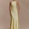Vestido largo halter de satén Bella – Limón Vestido largo halter de satén Bella – Limón