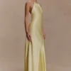Vestido largo halter de satén Bella – Limón Vestido largo halter de satén Bella – Limón