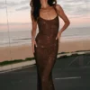 Vestido largo Jasmyn Hot Fix con espalda de malla – Chocolate