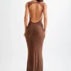 Vestido largo Jasmyn Hot Fix con espalda de malla – Chocolate