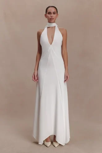 Vestido largo Juliet Slinky con pañuelo – Blanco