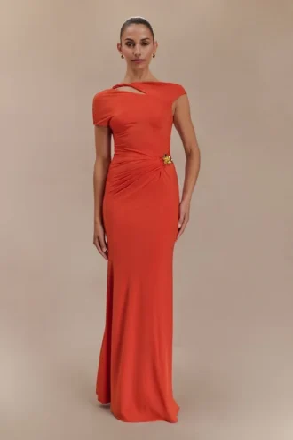 Vestido largo Kaida Slinky con detalles metálicos – Naranja quemado