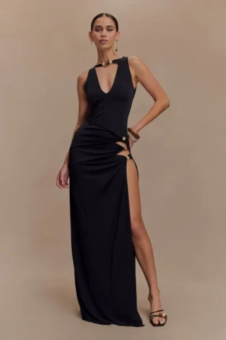Vestido largo Kaiden con pedrería y tejido elástico – Negro