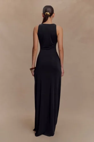 Vestido largo Kaiden con pedrería y tejido elástico – Negro