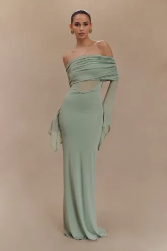 Vestido largo Kaitlin de un solo hombro, ceñido y con malla – Albahaca