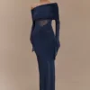 Vestido largo Kaitlin de un solo hombro, con tejido elástico y malla – Azul medianoche Vestido largo Kaitlin de un solo hombro, con tejido elástico y malla – Azul medianoche