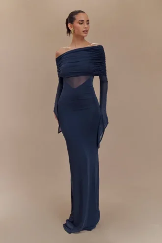 Vestido largo Kaitlin de un solo hombro, con tejido elástico y malla – Azul medianoche