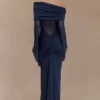 Vestido largo Kaitlin de un solo hombro, con tejido elástico y malla – Azul medianoche Vestido largo Kaitlin de un solo hombro, con tejido elástico y malla – Azul medianoche