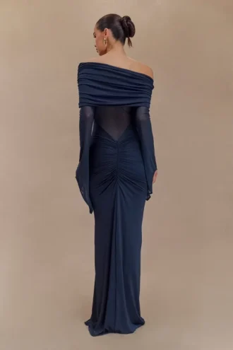 Vestido largo Kaitlin de un solo hombro, con tejido elástico y malla – Azul medianoche