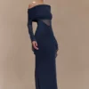 Vestido largo Kaitlin de un solo hombro, con tejido elástico y malla – Azul medianoche Vestido largo Kaitlin de un solo hombro, con tejido elástico y malla – Azul medianoche