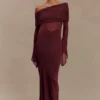 Vestido largo Kaitlin de un solo hombro, con tejido elástico y malla – Burdeos Vestido largo Kaitlin de un solo hombro, con tejido elástico y malla – Burdeos