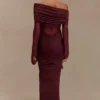 Vestido largo Kaitlin de un solo hombro, con tejido elástico y malla – Burdeos Vestido largo Kaitlin de un solo hombro, con tejido elástico y malla – Burdeos