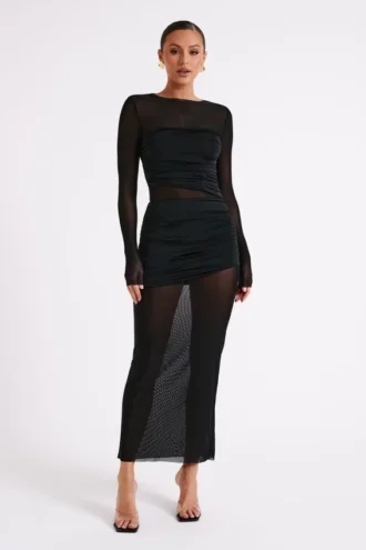 Vestido largo Kate de malla y nailon – Negro