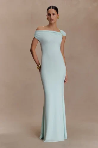 Vestido largo Kinsley Slinky con detalles metálicos – Lagoon