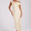 Vestido largo liso Yvette con bajo asimétrico – Mantequilla